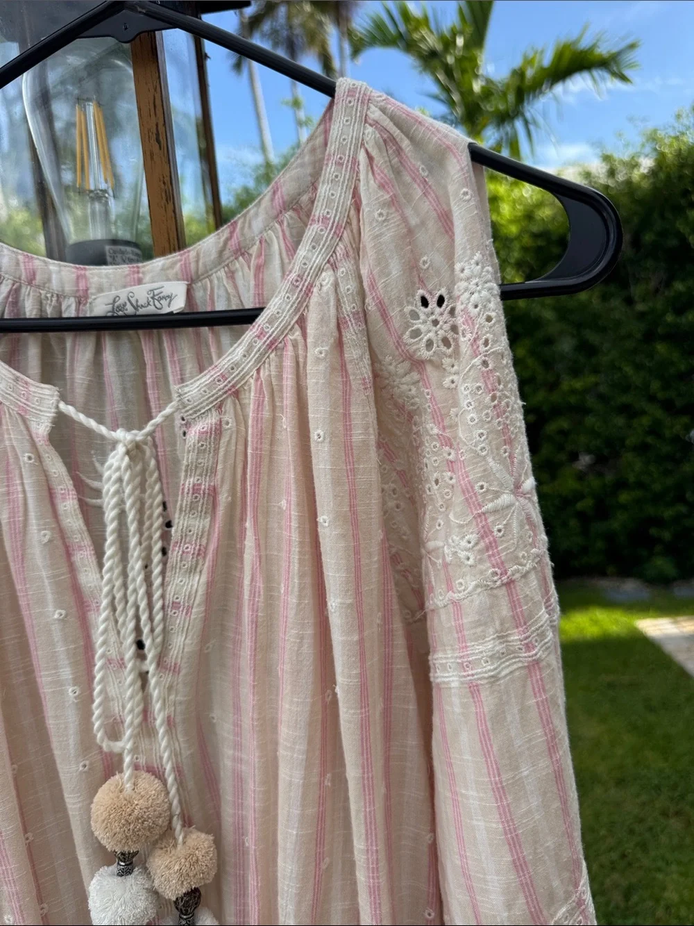 LoveShackFancy Isla Dress Pale Pink Embroidered Midi Pom Pom Tassels Slits Small - Picture 3 of 15